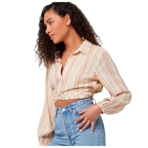 L Space Cropped Button Up Top Wrap Blouse Balloon Sleeve - Picture 9 of 9